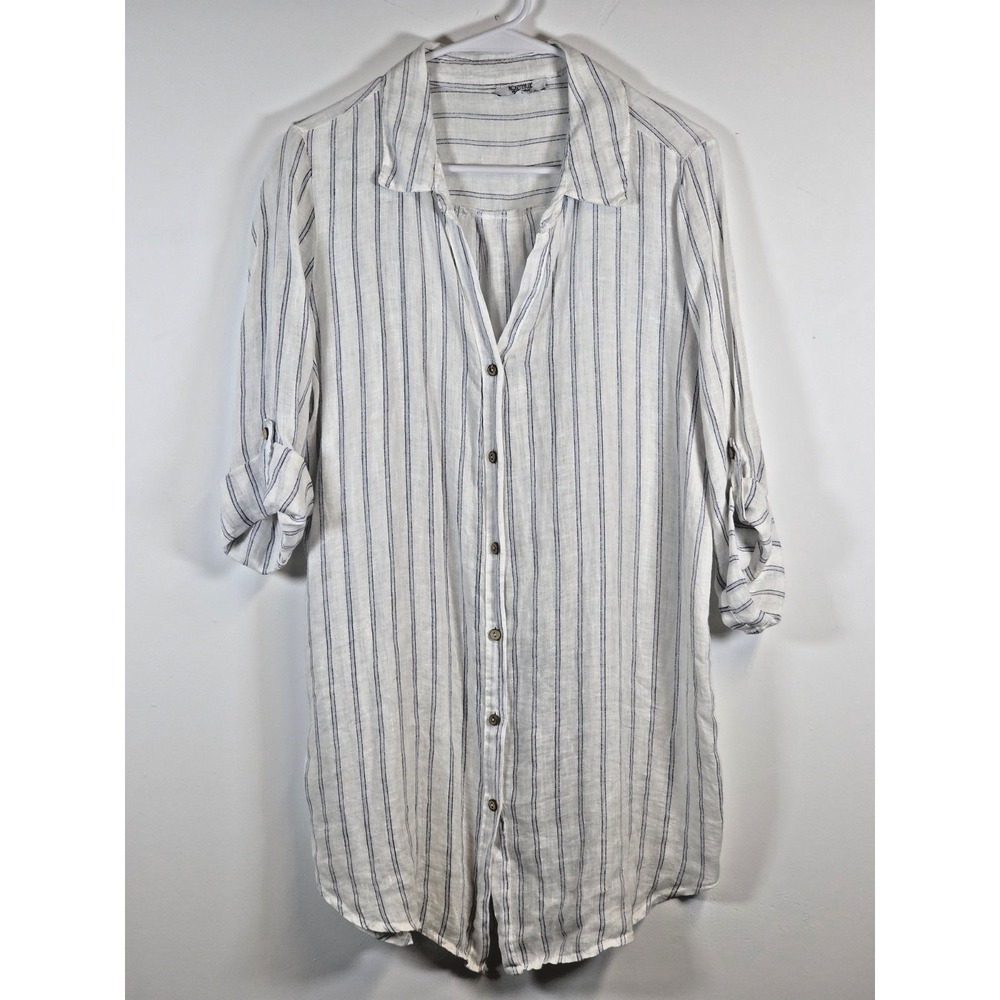 Rosemarie‎ Women Button Up Shirt Large White Blue Striped Tunic Italy Roll Tab